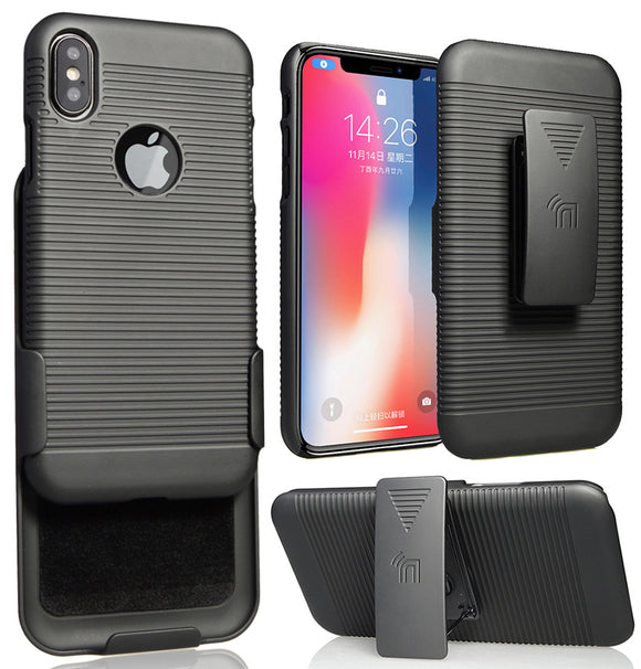 Black Ribbed Hard Case Cover + Belt Clip Holster Combo for Apple iPhone X / 10