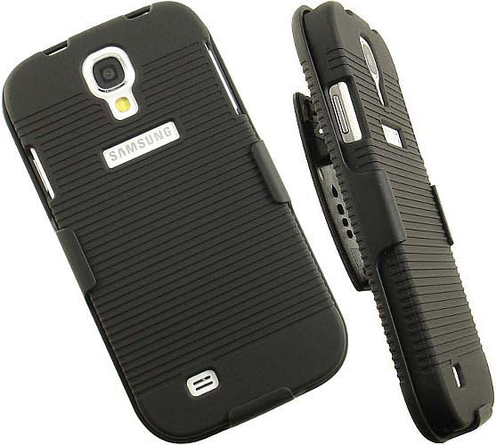 BLACK RUBBERIZED HARD CASE + BELT CLIP HOLSTER STAND FOR GALAXY S4 S IV PHONE