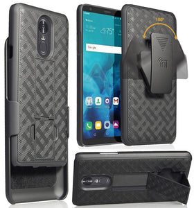 Black Ribbed Case Kickstand Cover + Belt Clip Holster for LG Stylo 4, Q Stylus