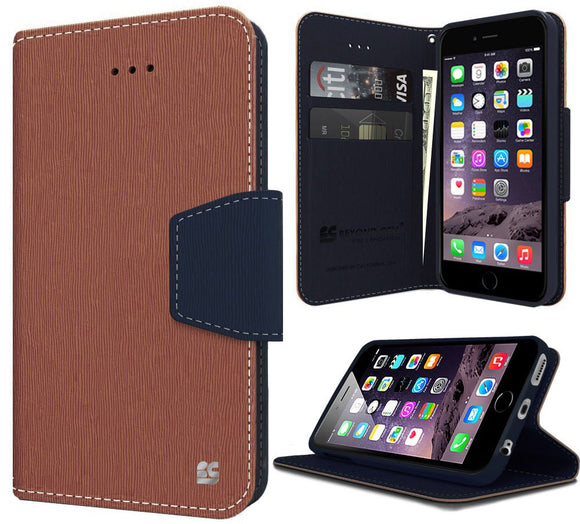 BROWN NAVY INFOLIO WALLET CREDIT CARD ID CASH CASE STAND FOR iPHONE 6 PLUS 5.5