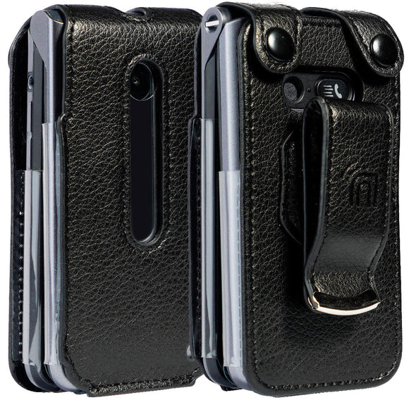 Black Vegan Leather Case with Belt Clip for LG Wine 2 LTE Flip Phone (LM-Y120)