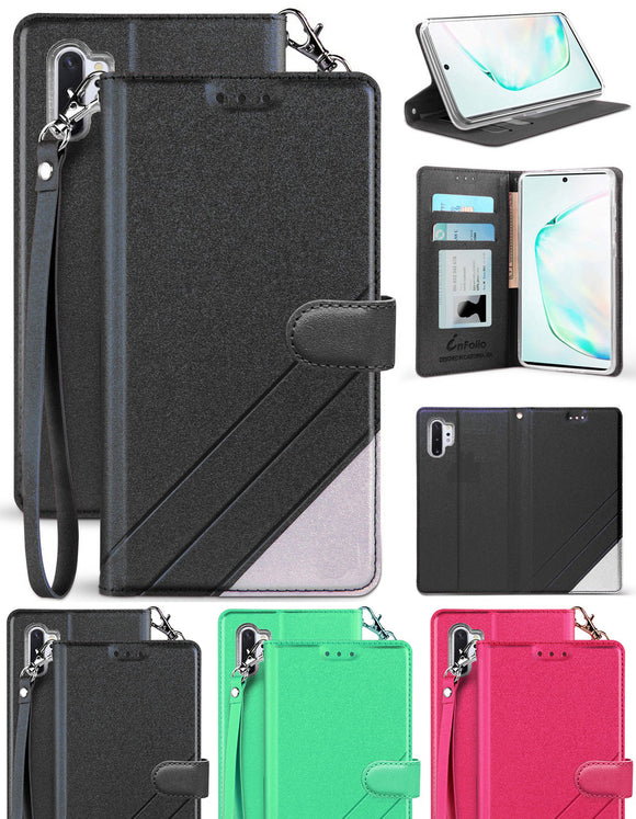 Infolio Wallet Case w/ Credit Card ID Slot + Wrist Strap for Galaxy Note 10 Plus