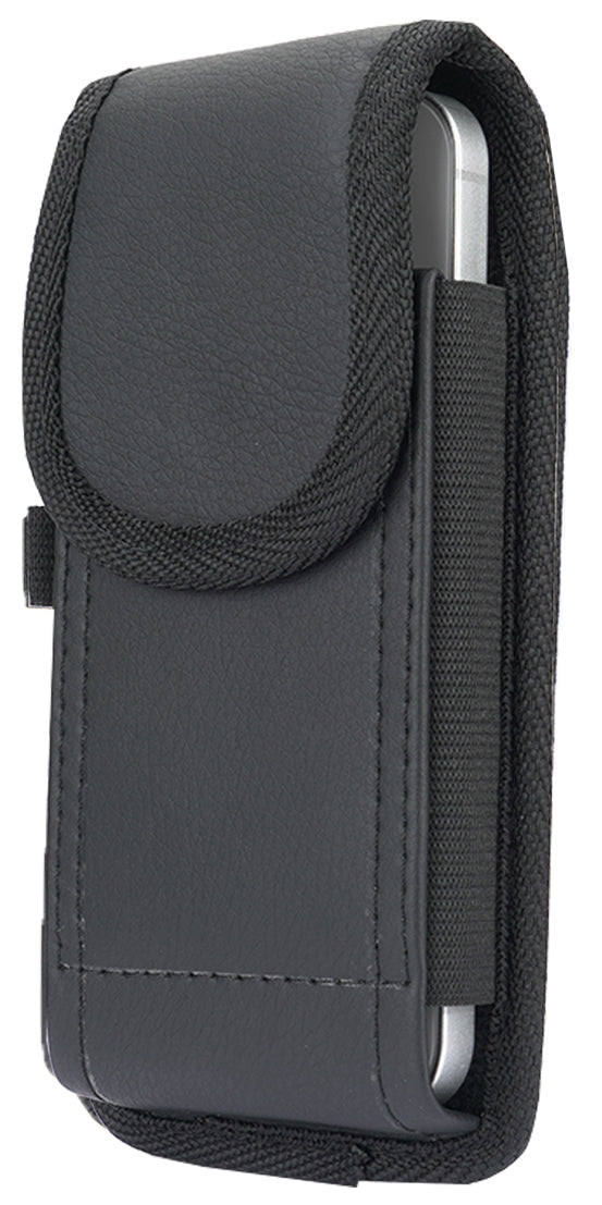 Pouch for iPhone 13 Case, Nakedcellphone Black Vegan Leather Vertical Holster Holder Strong Metal Clip and Secure Belt Thread Loop Harness for iPhone Pouch for iPhone 13 Case, Nakedcellphone Black Vegan Leather Vertical Holster Holder Strong Metal Clip and Secure Belt Thread Loop Harness for iPhone