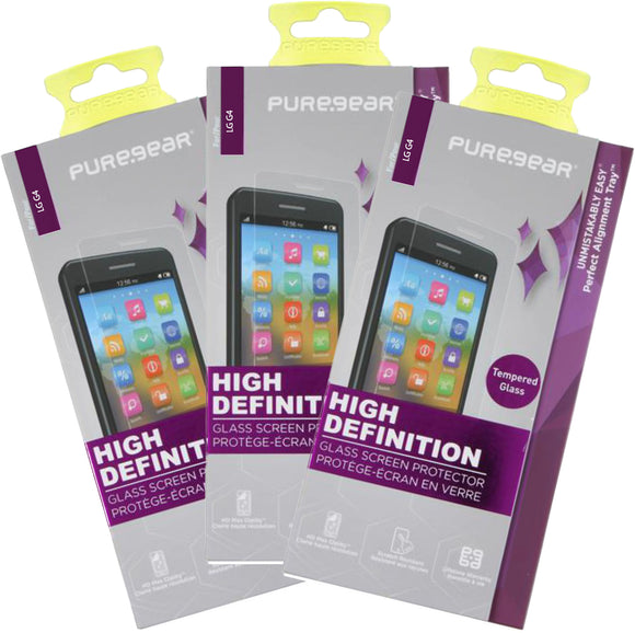 3x PureGear PureTek Tempered Glass Screen Protector with Install Tray for LG G4