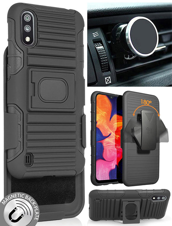 Black Rugged Case Stand + Belt Clip + Magnetic Car Mount for Samsung Galaxy A01
