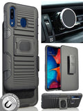 Black Rugged Case + Belt Clip + Magnetic Car Mount for Samsung Galaxy A20/A30