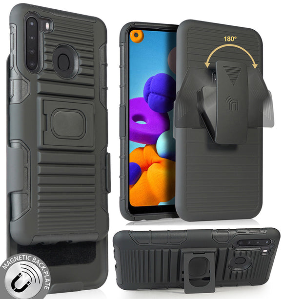 Black Rugged Finger Grip Case Stand and Belt Clip Holster for Samsung Galaxy A21