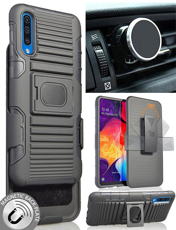 Black Rugged Case Stand + Belt Clip + Magnetic Car Mount for Samsung Galaxy A50