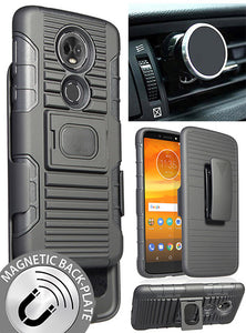 Black Rugged Case + Belt Clip + Magnet Car Mount for Motorola Moto E5 Plus/Supra