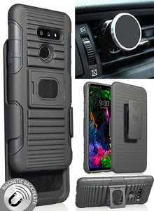Black Rugged Case + Belt Clip Holster + Magnetic Car Mount for LG G8 ThinQ
