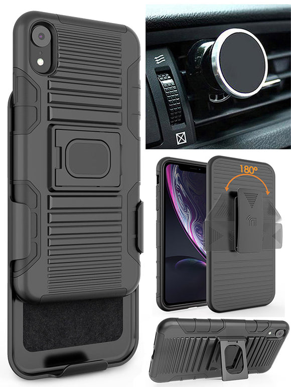 Black Rugged Case Cover Stand Belt Clip + Magnetic Car Mount for Apple iPhone XR
