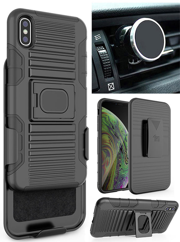 Black Rugged Case Stand + Belt Clip + Magnetic Car Mount for iPhone Xs Max 6.5