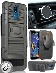 Black Rugged Case + Belt Clip with Magnetic Car Mount for LG K40, Solo, K12 Plus