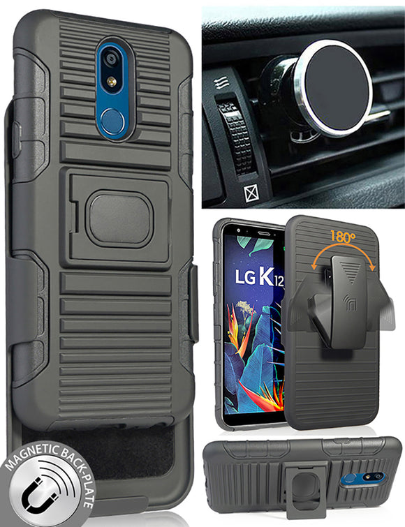 Black Rugged Case + Belt Clip with Magnetic Car Mount for LG Xpression Plus 2