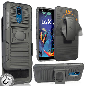 Black Rugged Grip Case with Stand and Belt Clip Holster for LG Xpression Plus 2
