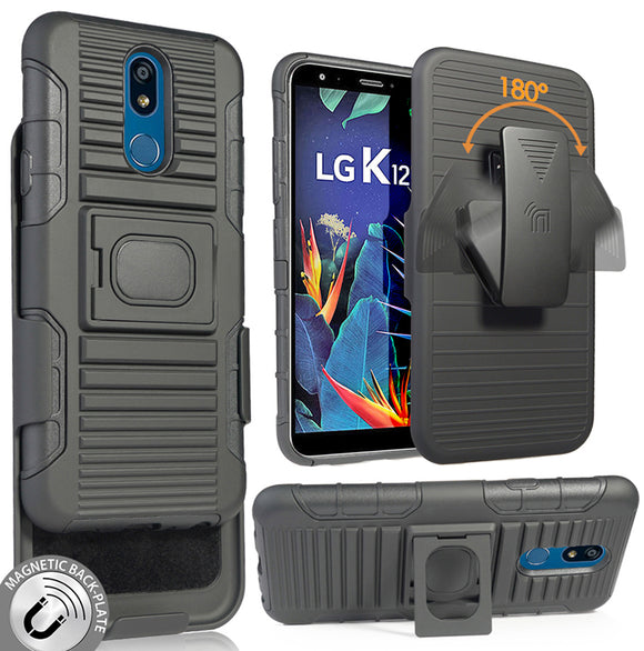 Black Rugged Grip Case with Stand + Belt Clip Holster for LG K40, Solo, K12 Plus