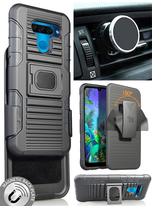 Black Rugged Grip Case Stand + Belt Clip + Magnetic Car Mount for LG K50, Q60