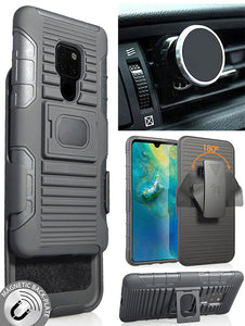 Black Rugged Case + Belt Clip Holster + Magnetic Car Mount for Huawei Mate 20