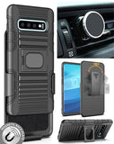 Black Rugged Case + Belt Clip Holster + Magnet Car Mount for Samsung Galaxy S10