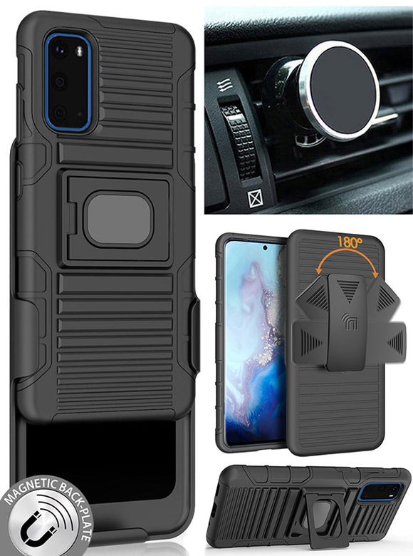 Black Rugged Case with Belt Clip and Magnetic Car Mount for Samsung Galaxy S20