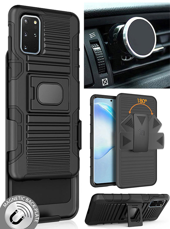 Black Rugged Case + Belt Clip + Magnetic Car Mount for Samsung Galaxy S20 Plus