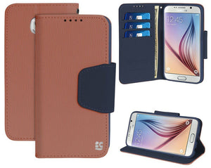 BROWN NAVY INFOLIO WALLET CREDIT CARD ID CASE COVER STAND FOR SAMSUNG GALAXY S6