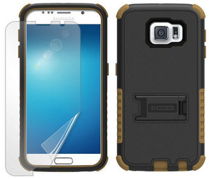 BROWN RUGGED TRI-SHIELD RUBBER SKIN HARD CASE COVER STAND FOR SAMSUNG GALAXY S6