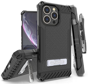 Tri-Shield Rugged Case with Stand + Belt Clip Holster + Strap for iPhone 13 Pro