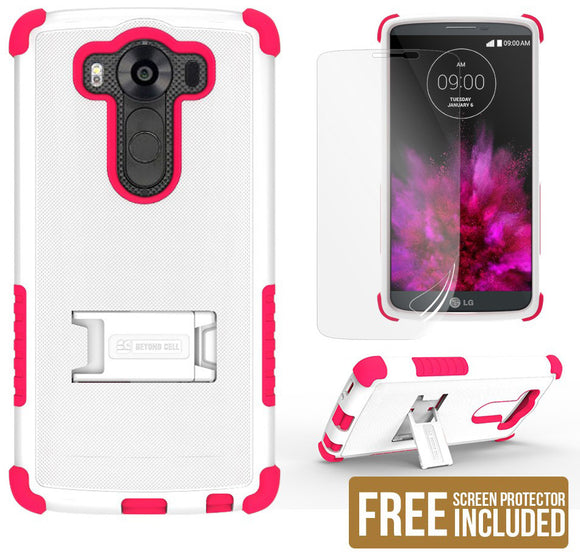 WHITE PINK TRI-SHIELD SOFT RUBBER SKIN HARD CASE COVER STAND FOR LG V10 PHONE
