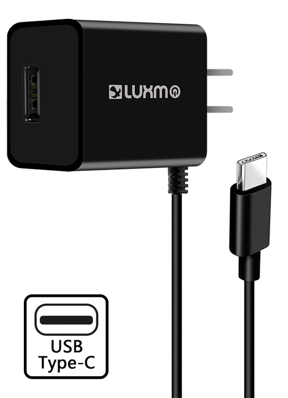 Black 2.1A USB TYPE-C TRAVEL WALL CHARGER WITH USB PORT