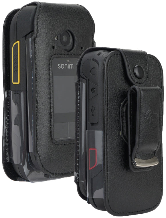 Black Vegan Leather Case Screen Cover Metal Belt Clip for Sonim XP3 Plus XP3900